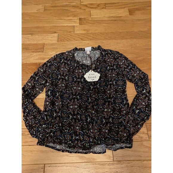 NWT Knox Rose, women's dark printed wrapped front, long sleeve blouse size small - Picture 1 of 8